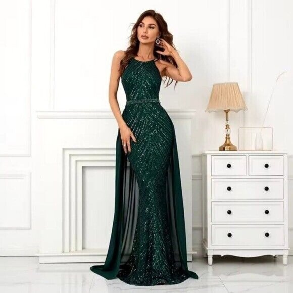 Green, Round Neck, Draped Skirt, Contrast Sequined Mermaid Gown - Picture 2 of 14